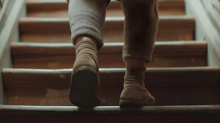 Close-up of an older person struggling with knee pain while walking up stairs.