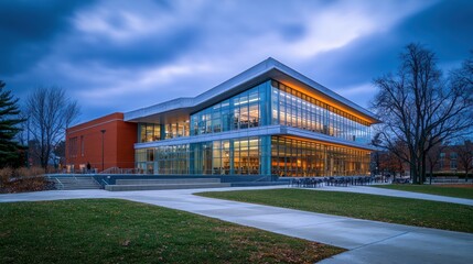Modern Glass and Brick Building with a Winding Concrete Pathway