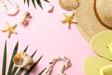Flat lay with beach accessories on color background. Vacation concept
