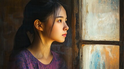 Fototapeta premium A Chinese girl silently looked out the window,generative ai
