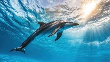 Obraz premium Dolphin Swimming Underwater with Sunlight Shining Through the Water
