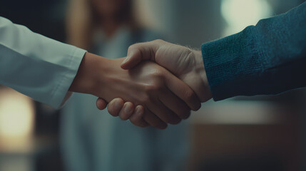 Close-up of a doctor shaking hands with a patient after a successful medical consultation.