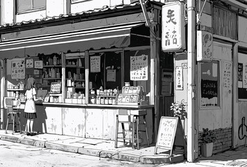 Black and white street food in Japan in anime style