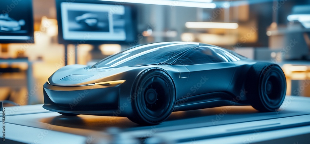 Poster a black concept car model on a white table in a design studio.