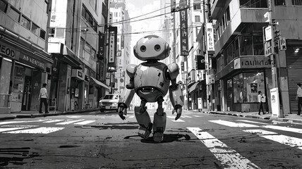 Robots walking on the streets of Japan in anime style