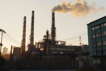 Obraz premium Industrial Complex with Smokestacks Emitting Pollution During Sunset, Highlighting Environmental Concerns and Urban Landscape in a Power Plant Setting
