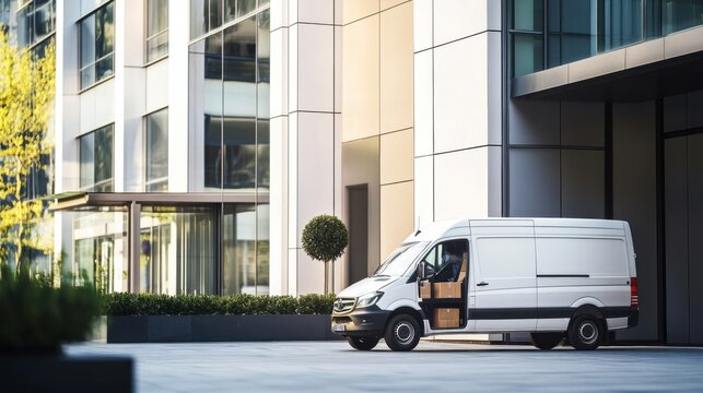 Professional Corporate Deliveries: Courier Unloading Packages from Delivery Van at Modern Office Building Emphasizing Business-to-Business Services, Reliability, and Punctuality
