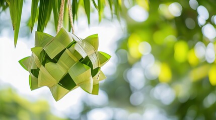 Decorative woven green palm leaves hanging in natural light.