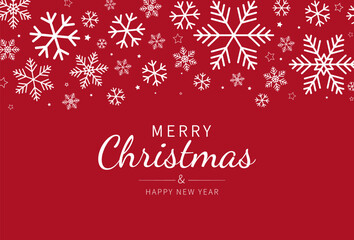 Christmas red background with snowflakes and stars. Snowflakes decorative elements. Merry christmas and New year card. Design for banner, card, greeting. Vector illustration
