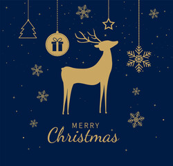 Fototapeta premium Gold Christmas baubles with reindeer, snowflake, christmas tree, candy cane, gingerbread man, gift box. Xmas decoration design. Merry christmas and New year card. Vector illustration