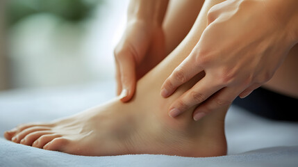 Naklejka premium Close-up of a person massaging their painful ankle joint after an injury.