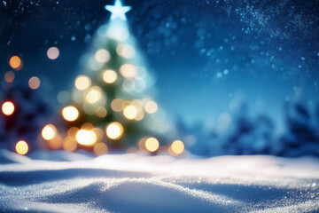 christmas tree and snow defocused bokeh lights