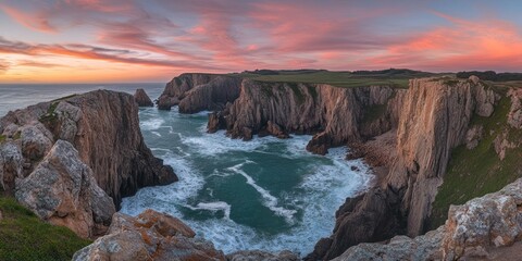 Fototapeta premium Coastal Cliffs and Ocean at Sunset with Pink Clouds