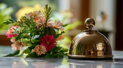 Close-up of a service bell with flowers nearby, representing warm and personalized hospitality.