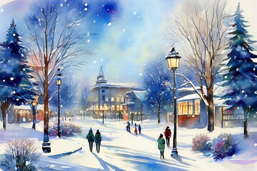 winter landscape city watercolor