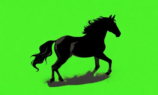The silhouette of a galloping horse, emphasizing the powerful and fluid movement of its mane and legs, animated on a green screen background.