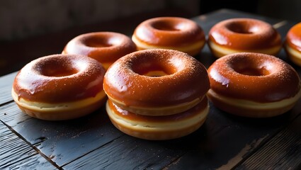 a zoom very close to the most amazing glazed donuts colorfull topping on a decorative wooden table 