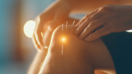 Close-up of a person receiving acupuncture treatment for joint pain in their knee.