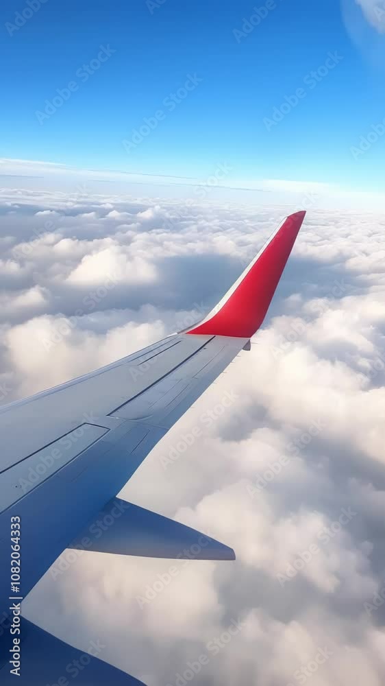 Aufkleber airplane wing with red winglet soaring through a clear blue sky, fluffy white clouds spread out belo