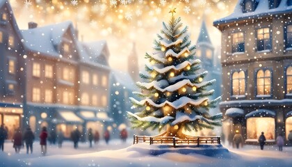 Christmas tree and lights in the city on the main square greeting card illustration