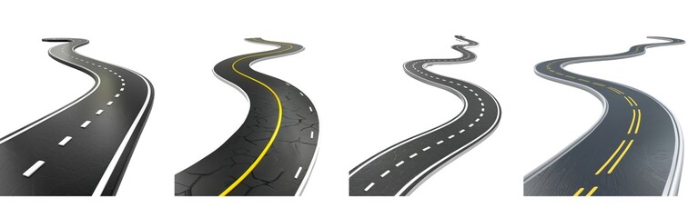 A series of winding roads depicted in a stylized manner, showcasing different paths and directions against a light background. Isolations set on white background.