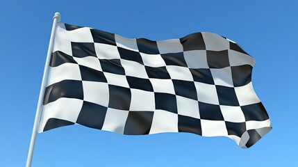 Close-up of a waving checkered flag against a clear blue sky, symbolizing victory and racing spirit.