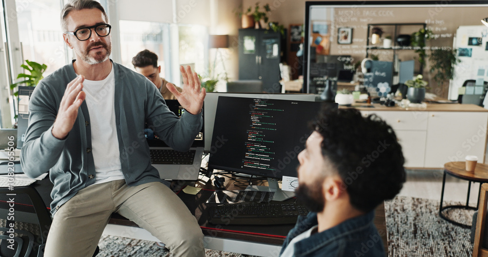 Fototapete Programmer, mentor and research with business people in office for website developer, coding bootcamp and review. Planning, collaboration and software engineer with employees in tech startup