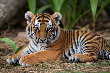Fototapeta premium Adorable Tiger Cub Resting in Its Natural Habitat