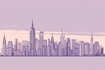 Minimalistic line art of a city skyline at dusk, with just a few lines suggesting the outline of buildings.