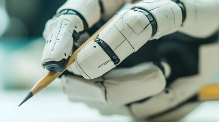 Close-up of a prosthetic hand using a pencil to write showing precision and control.