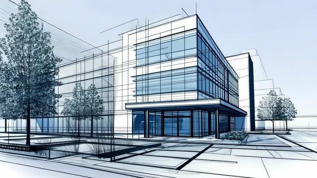 Modern architectural design showcasing a contemporary office building with large glass windows surrounded by landscaping during daylight