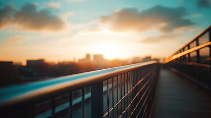 Obraz premium Close-up of bridge railing with city skyline in the distance and a sky of soft pastel clouds.