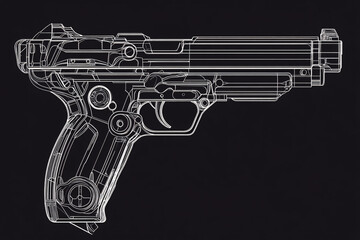 detailed wireframe illustration of a modern pistol with transparent components on a black background
