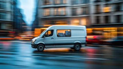 High-Speed Urban Courier Van in Motion: Packages Visible Through Windows on Busy City Street, Showcasing Fast-Paced Nature of Courier Services and Efficient City Deliveries