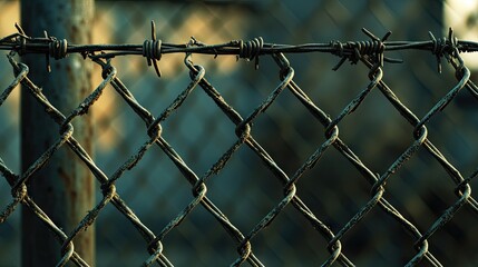 Close-up of grid fence with barbed wire on top, creating a powerful image of security and restriction.