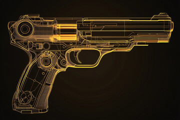 A digital schematic of a pistol in a golden wireframe style highlighting its internal structure on a dark backdrop
