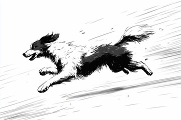A black and white sketch of a dog running, with motion lines behind it.