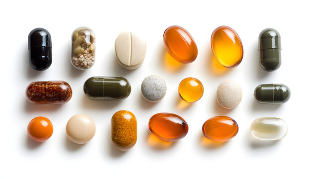 Close-up of various vitamins and supplements in soft gel capsules on a white background.