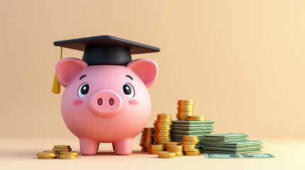 A cheerful piggy bank dons a graduation cap while surrounded by piles of coins and cash. This setting symbolizes savings and financial success, ideal for students and graduates.