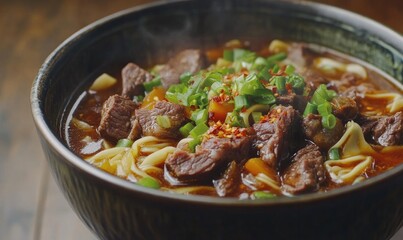 A bowl of beef soup with noodles and green onions
