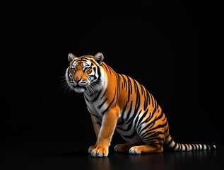 Obraz premium This powerful tiger rests calmly, highlighting its vivid orange fur and bold black stripes. The dark background enhances the striking features and presence of this magnificent creature.