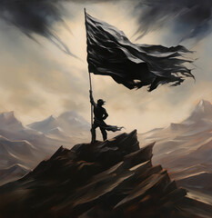 A figure stands triumphantly on a mountain peak, holding a billowing black flag against a dramatic sky.