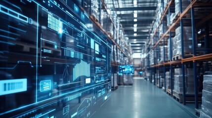 High-Tech Logistics Warehouse with Real-Time Tracking Screens: Highlighting Tracking Technology, Visibility, and Integration in Warehouse Management with Detailed View of Screens and Environment