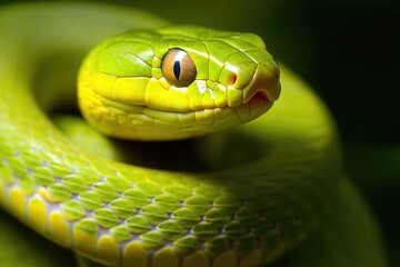A detailed view of a green snake's head, ideal for using in educational or informational content