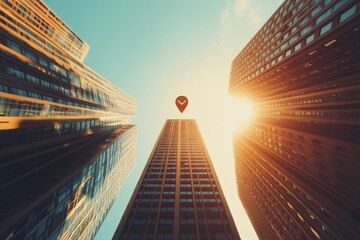 Urban Target: A GPS pin hovers above towering skyscrapers, bathed in golden sunset light.