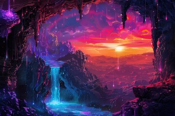 A View from a Cave of a Vibrant Sunset and Waterfall with a Glittery Landscape