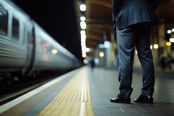 Fototapeta premium A man in a suit waiting for the train on a busy platform