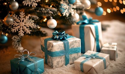 A blue and white box with a bow on top of it