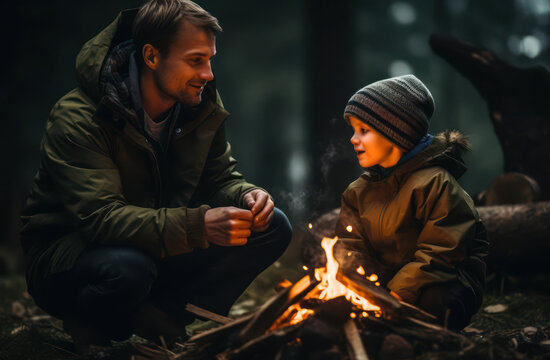 A father and son enjoy a peaceful moment by the campfire in the forest, strengthening their connection.