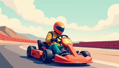Flat illustration of go-karting on a race track in bright colors, minimalist style, representing speed and excitement